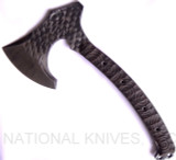 RMJ Tactical Custom Valhalla Berserker tomahawk - shown out of sheath reverse.  4140 steel plain edge head.  Brown Micarta handle.
For reference only.