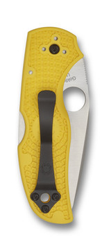 Spyderco Native 5 Salt folding knife with thumb hole - shown closed pocket clip side.  Satin MagnaCut stainless steel plain edge blade.  Yellow FRN handle.  Model C41PYL5.