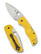 Spyderco Native 5 Salt folding knife with thumb hole - shown open presentation side and closed pocket clip side.  Satin MagnaCut stainless steel plain edge blade.  Yellow FRN handle.  Model C41PYL5.