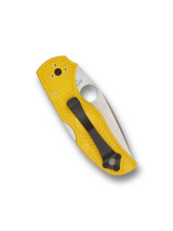 Spyderco Native 5 Salt folding knife with thumb hole - shown closed pocket clip side.  Satin MagnaCut stainless steel plain edge blade.  Yellow FRN handle.  Model C41PYL5.