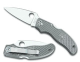 Spyderco Calypso Jr Sprint Run folding knife with thumb hole - shown open presentation side and closed pocket clip side.  Satin Super Blue steel plain edge blade.  Gray FRN handle.  Model C52FPGYE.
For reference only.