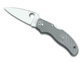 Spyderco Calypso Jr Sprint Run folding knife with thumb hole - shown open presentation side.  Satin Super Blue steel plain edge blade.  Gray FRN handle.  Model C52FPGYE.
For reference only.
