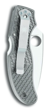 Spyderco Calypso Jr Sprint Run folding knife with thumb hole - shown closed pocket clip side.  Satin Super Blue steel plain edge blade.  Gray FRN handle.  Model C52FPGYE.
For reference only.