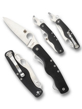 Spyderco Clipitool folding knife multitool with thumb hole - shown blade open presentation side, closed pocket clip side, bottle opener open presentation side, and bottle opener pocket clip side.  Satin 8Cr13MoV stainless steel plain edge blade.  Black G-10 handle.  Model C208GP.