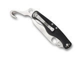 Spyderco Clipitool folding knife multitool with thumb hole - shown seat belt cutter pocket clip side.  Satin 8Cr13MoV stainless steel serrated edge blade.  Black G-10 handle.  Model C209GS.
For reference only.