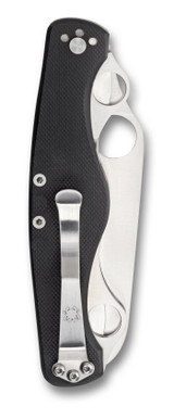 Spyderco Clipitool folding knife multitool with thumb hole - shown closed pocket clip side.  Satin 8Cr13MoV stainless steel serrated edge blade.  Black G-10 handle.  Model C209GS.
For reference only.