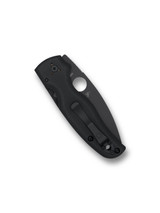 Spyderco Shaman folding knife with thumb hole - shown closed pocket clip side.  Black S30V stainless steel serrated edge blade.  Black G-10 handle.  Model C229GSBK.
