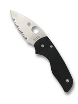 Spyderco Lil' Native folding knife with thumb hole - shown open presentation side.  Satin S30V stainless steel serrated edge blade.  Black G-10 handle.  Model C230GS.