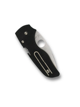 Spyderco Lil' Native folding knife with thumb hole - shown closed pocket clip side.  Satin S30V stainless steel serrated edge blade.  Black G-10 handle.  Model C230GS.