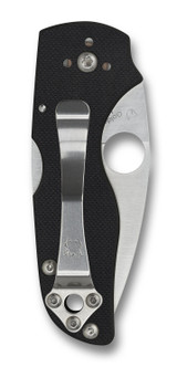 Spyderco Lil' Native Back Lock folding knife with thumb hole - shown closed pocket clip side.  Satin S30V stainless steel plain edge blade.  Black G-10 handle.  Model C230MBGP.
