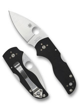 Spyderco Lil' Native Back Lock folding knife with thumb hole - shown open presentation side and closed pocket clip side.  Satin S30V stainless steel plain edge blade.  Black G-10 handle.  Model C230MBGP.