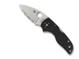 Spyderco Lil' Native Back Lock folding knife with thumb hole - shown open presentation side.  Satin S30V stainless steel serrated edge blade.  Black G-10 handle.  Model C230MBGS.