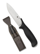 Spyderco Zoomer fixed blade knife - shown out of sheath obverse and in sheath obverse. Satin 20CV stainless steel plain edge blade. Black G-10 handle. Model FB42GP. Spyderco Zoomer fixed blade knife - shown out of sheath obverse and in sheath obverse. Satin 20CV stainless steel plain edge blade. Black G-10 handle. Model FB42GP.