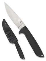 Spyderco Waterway fixed blade knife - shown out of sheath reverse and sheath only reverse. Satin LC200N stainless steel plain edge blade. Black G-10 handle. Model FB43GP. Spyderco Waterway fixed blade knife - shown out of sheath reverse and sheath only reverse. Satin LC200N stainless steel plain edge blade. Black G-10 handle. Model FB43GP.