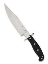 Spyderco Respect Bowie fixed blade knife - shown out of sheath reverse.  Satin CPM-154 stainless steel plain edge blade.  Black G-10 handle.  Model FB44GP.
 Spyderco Respect Bowie fixed blade knife - shown out of sheath reverse.  Satin CPM-154 stainless steel plain edge blade.  Black G-10 handle.  Model FB44GP.