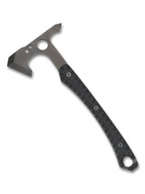 Spyderco Genzow Warrior Hawk tomahawk - shown out of sheath reverse.  Black D2 steel plain edge head.  Black G-10 handle.  Model H03.