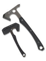 Spyderco Genzow Warrior Hawk tomahawk - shown out of sheath reverse and in sheath obverse. Black D2 steel plain edge head. Black G-10 handle. Model H03.
Spyderco Genzow Warrior Hawk tomahawk - shown out of sheath reverse and in sheath obverse. Black D2 steel plain edge head. Black G-10 handle. Model H03.