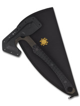 Spyderco Genzow Warrior Hawk tomahawk - shown in sheath reverse with case in back ground.  Black D2 steel plain edge head.  Black G-10 handle.  Model H03.