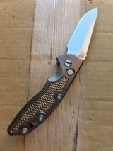 USED Rick Hinderer Knives XM-18 Automatic Spearpoint knife with push button - shown open presentation side.  Stonewash 20CV stainless steel plain edge blade.  Anodized bronze titanium handle. 