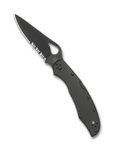 Byrd Cara Cara 2 folding knife with thumb slot - shown open presentation side.  Black 8Cr13MoV stainless steel combo edge blade.  Black stainless steel handle.  Model BY03BKPS2.