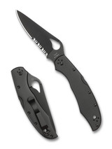 Byrd Cara Cara 2 folding knife with thumb slot - shown both open presentation side and closed pocket clip side. Black 8Cr13MoV stainless steel combo edge blade. Black stainless steel handle. Model BY03BKPS2. Byrd Cara Cara 2 folding knife with thumb slot - shown both open presentation side and closed pocket clip side. Black 8Cr13MoV stainless steel combo edge blade. Black stainless steel handle. Model BY03BKPS2.
