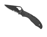 Byrd Knives Meadowlark 2 folding knife with thumb slot - shown open presentation side.  Black 8Cr13MoV stainless steel combo edge blade.  Black stainless steel handle.  Model BY04BKPS2.
