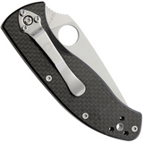 Spyderco Tenacious Blue Ridge Knives Exclusive folding knife with thumb hole - shown closed pocket clip side.  Satin 8Cr13MoV stainless steel plain edge blade.  Black carbon fiber handle.  C122CFP.
For reference only.