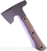 RMJ Tactical Mini Jenny Hammer Pole tomahawk - shown out of sheath reverse.  Tungsten Cerakote 80CRV2 steel plain edge head.  Hyena Brown G-10 handle.  
For reference only.