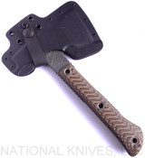 RMJ Tactical Mini Jenny Hammer Pole tomahawk - shown in sheath obverse.  Tungsten Cerakote 80CRV2 steel plain edge head.  Hyena Brown G-10 handle.  
For reference only.