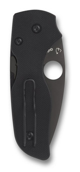 Spyderco Lil' Native folding knife with thumb hole - shown closed pocket clip side.  Black S30V stainless steel plain edge blade.  Black G-10 handle.  Model C230GPBBK.