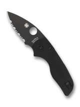 Spyderco Lil' Native folding knife with thumb hole - shown open presentation side.  Black S30V stainless steel serrated edge blade.  Black G-10 handle.  Model C230GSBBK.