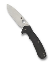 Spyderco Amalgam folding knife with thumb hole and flipper tab - shown open presentation side.  Satin S30V stainless steel plain edge blade.  Black carbon fiber and G-10 laminate handle.  Model C234CFP.