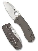 Spyderco Techno 2 folding knife with thumb hole - shown open presentation side and closed pocket clip side.  CTS-XHP stainless steel plain edge blade. Titanium handle.  Model C158TIP2.
