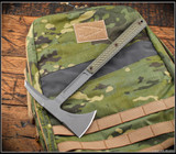 RMJ Tactical Kestrel Feather Tomahawk - shown out of sheath reverse.  Tungsten Cerakote 80CrV2 steel head.  Dirty Olive G-10 handle scales.  Model T-KF-TU-DO.