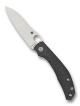 Spyderco Kapara folding knife with thumb hole and flipper - shown open presentation side.  Satin S30V stainless steel plain edge blade.  Black carbon fiber handle.  Model C241CFP.