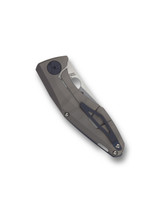 Spyderco Drunken folding knife with thumb hole - shown closed pocket clip side.  Satin S90V stainless steel plain edge blade.  Black carbon fiber handle with titanium lock side.  Model C235CFTIP.