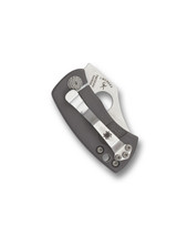 Spyderco McBee folding knife with thumb hole - shown closed pocket clip side.  Satin CTS-XHP stainless steel plain edge blade.  Titanium handle.  Model C236TIP.