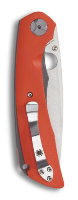 Spyderco Subvert folding knife with thumb hole - shown closed pocket clip side.  S30V stainless steel plain edge blade.  Orange G-10 handle.  Model C239GPOR.