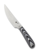Spyderco Bow River fixed blade knife - shown out of sheath reverse.  Satin 8Cr13MoV stainless steel plain edge blade.  Black - Gray G-10 handle.  Model FB46GP.