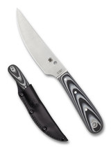 Spyderco Bow River fixed blade knife - shown out of sheath reverse and in sheath obverse.  Satin 8Cr13MoV stainless steel plain edge blade.  Black - Gray G-10 handle.  Model FB46GP.