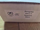 Used RMJ Tactical Peregrine fixed blade knife - box label shown.  Tungsten Cerakote Nitro-V stainless steel plain edge blade.  Black G-10.