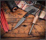 RMJ Tactical Sparrow fixed blade knife - shown out of sheath obverse.  Tungsten Cerakote Nitro-V stainless steel plain edge blade.  Black G-10 handle.  Model K-SP-TU-BL