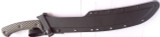 RMJ Tactical Wyvern fixed blade short sword - shown in sheath obverse.  Tungsten Cerakote 3V steel plain edge blade.  Dirty Olive G-10 handle. 