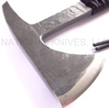 RMJ Tactical Custom Range 37 Kestrel tomahawk - shown close up of head out of sheath reverse.  80CRV2 steel plain edge head.  Black cord-wrapped handle.
For reference only.
