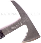 RMJ Tactical Custom Range 37 Kestrel tomahawk - shown close up of head out of sheath obverse.  80CRV2 steel plain edge head.  Black cord-wrapped handle.
For reference only.