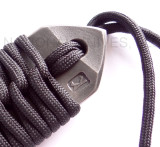 RMJ Tactical Custom Range 37 Kestrel tomahawk - shown close up of handle end reverse.  80CRV2 steel plain edge head.  Black cord-wrapped handle.
For reference only.