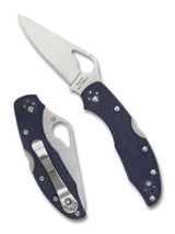 Byrd Knives Meadowlark 2 folding knife with thumb slot - shown both open presentation side and closed pocket clip side. Satin 8Cr13MoV stainless steel plain edge blade. Blue FRN handle. Model BY04PBL2. Byrd Knives Meadowlark 2 folding knife with thumb slot - shown both open presentation side and closed pocket clip side. Satin 8Cr13MoV stainless steel plain edge blade. Blue FRN handle. Model BY04PBL2.