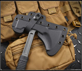 RMJ Tactical L13 Loggerhead tomahawk - shown close up of head in sheath obverse.  Tungsten Cerakote 80CRV2 plain edge head.  Black rubber handle.  Model T-L13-TU-BK.