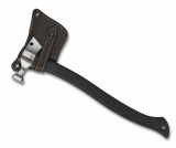 Spyderco Genzow Hatchet Hawk tomahawk - shown in sheath obverse.  Satin 5160 steel plain edge head.  Black Polymer handle.  Model H02.
For reference only.

