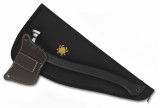 Spyderco Genzow Hatchet Hawk tomahawk - shown in sheath reverse with case in back ground.  Satin 5160 steel plain edge head.  Black Polymer handle.  Model H02.
For reference only.
